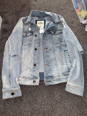 Hollister Light Wash Distressed Denim Jacket Unisex Small Y2K Style